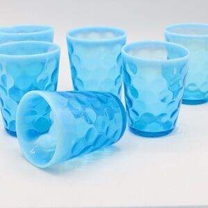 Set of 6 Vintage Blue Opalescent Tumblers "Thumbprint" Pattern 1940s-1960s